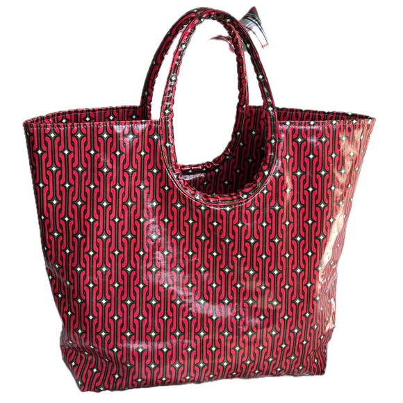 Lou Harvey Tote Large PVC Red Brown Geometric Print Beach Bag Travel Shopping - Picture 2 of 7